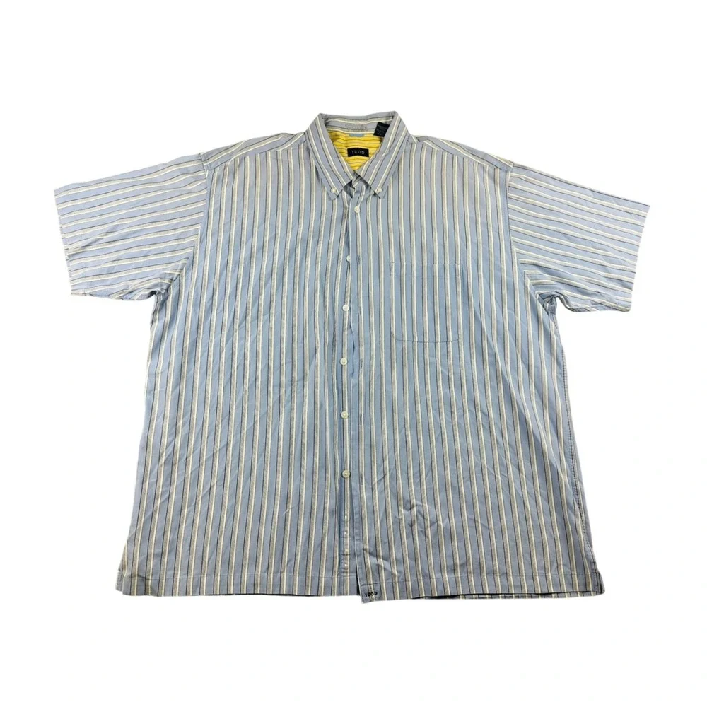 Y2K IZOD Button Front‎ Shirt Men XXL Blue White Striped Cotton Short Sleeve Work